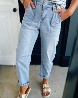 Beau Blue High Rise Barrel Relaxed Patch Pocket Jeans