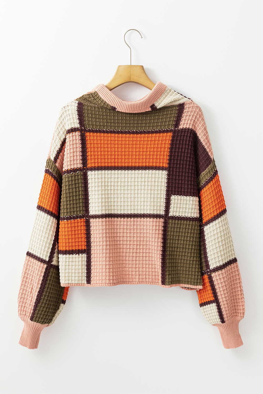 Orange Color Block Waffle Knit Drawstring Mock Neck Sweater - Image 8