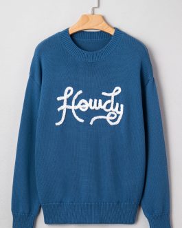 Dusk Blue Howdy Embroidered Graphic Western Sweater