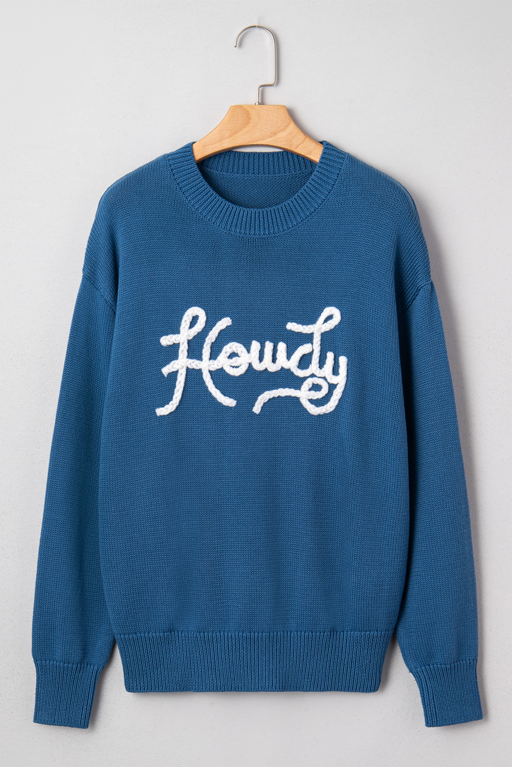 Dusk Blue Howdy Embroidered Graphic Western Sweater