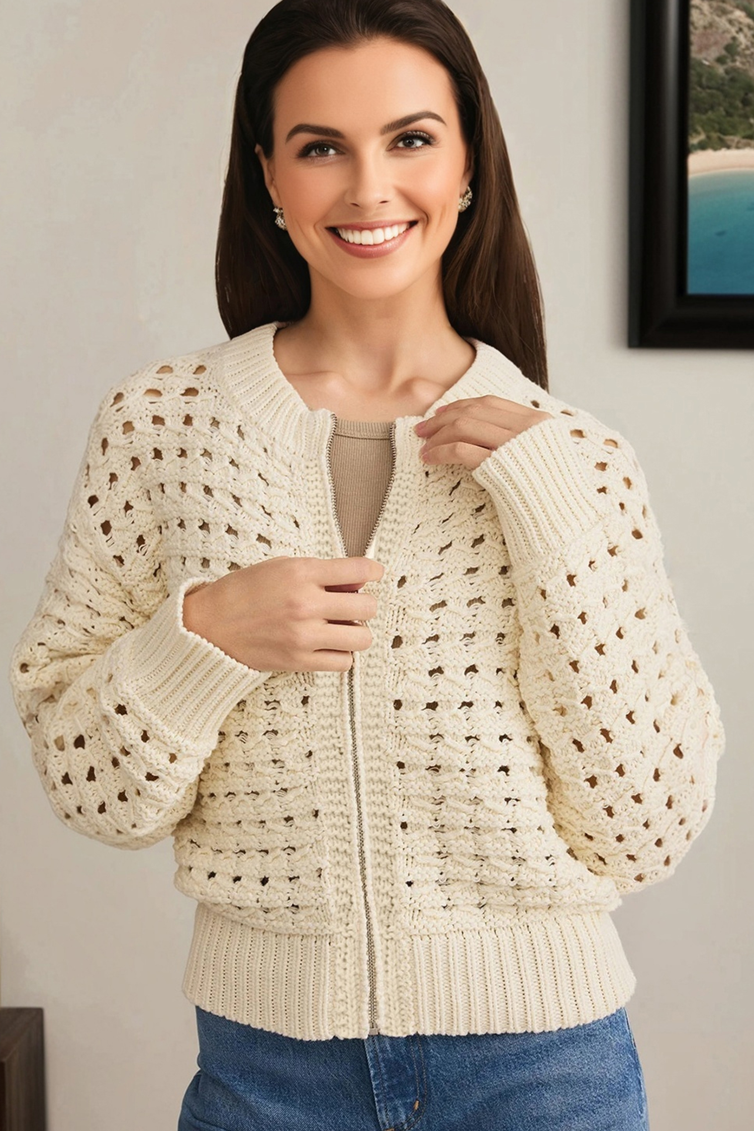 Beige Hollowed Pattern Knit Zip Up Drop Shoulder Sweater Cardigan - Image 3