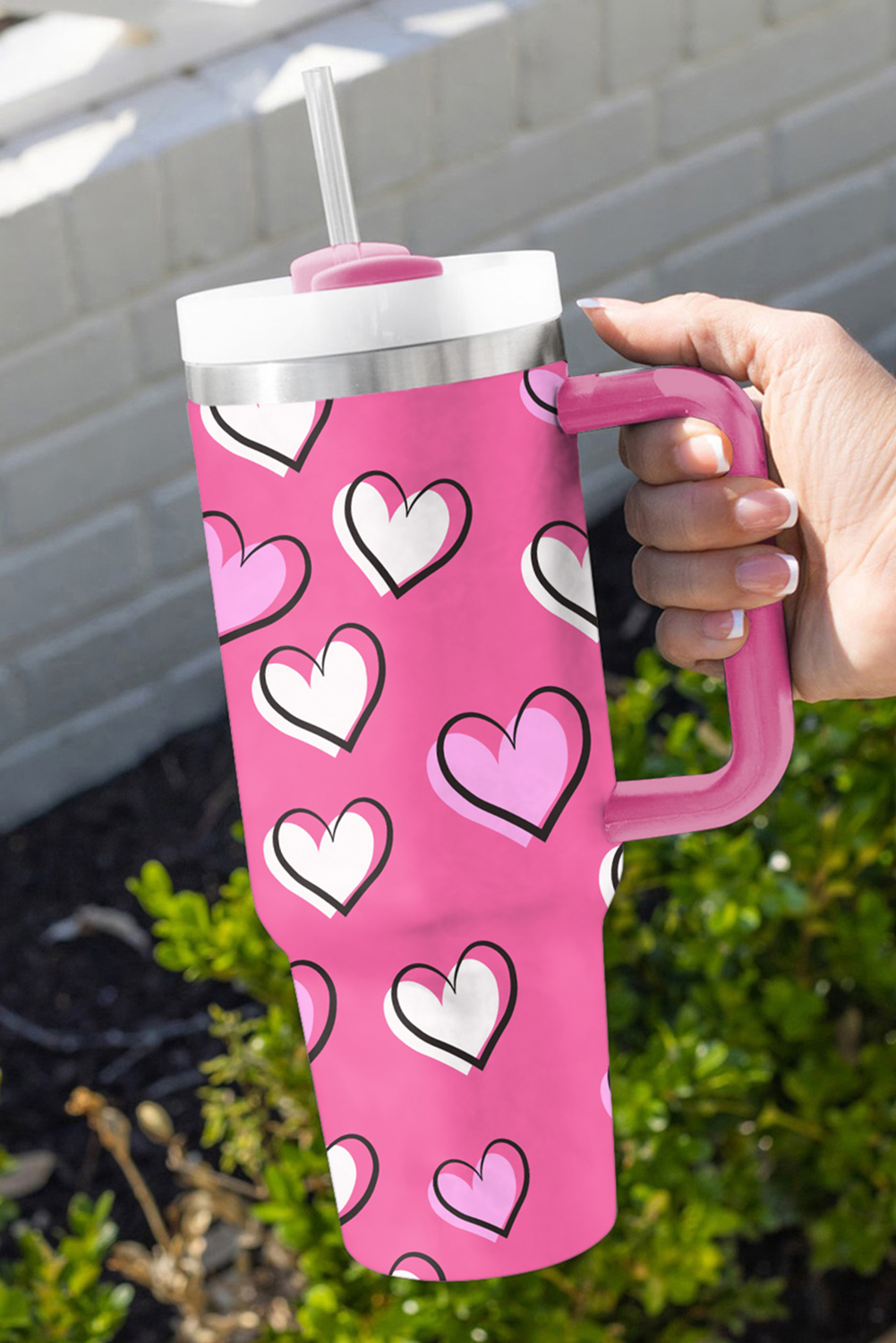 Rose Red Valentines Heart Printed Thermos Cup with Handle 40oz - Image 6