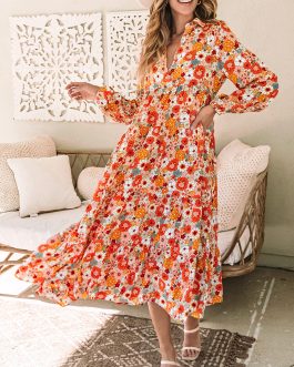 Multicolor Boho Floral Collared Long Sleeve Ruffled Dress