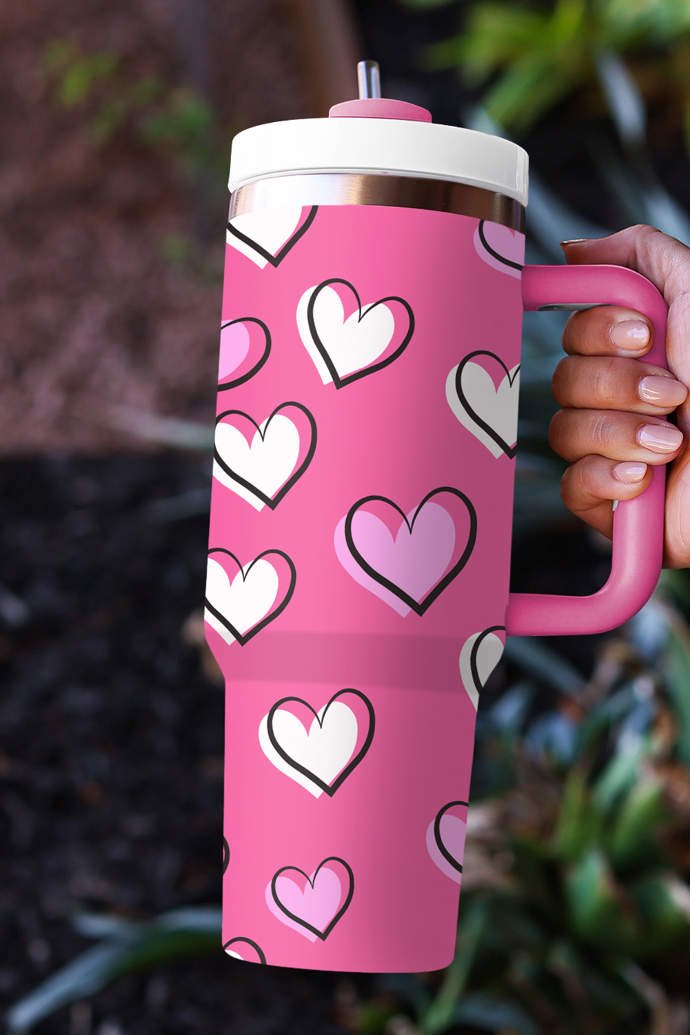 Rose Red Valentines Heart Printed Thermos Cup with Handle 40oz - Image 5
