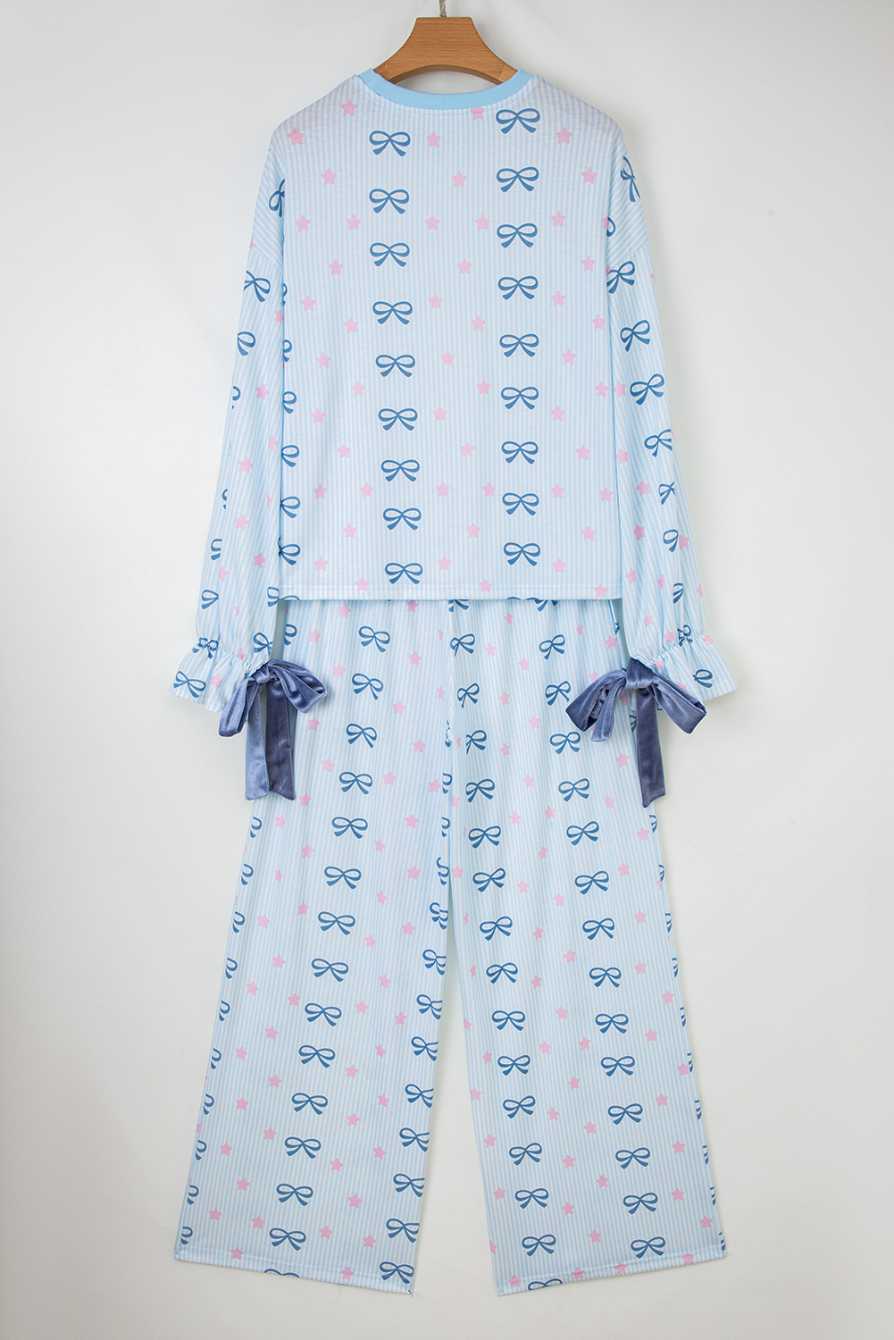 Sky Blue Stripe Bow Star Print Tied Detail 2pcs Lounge Set - Image 3