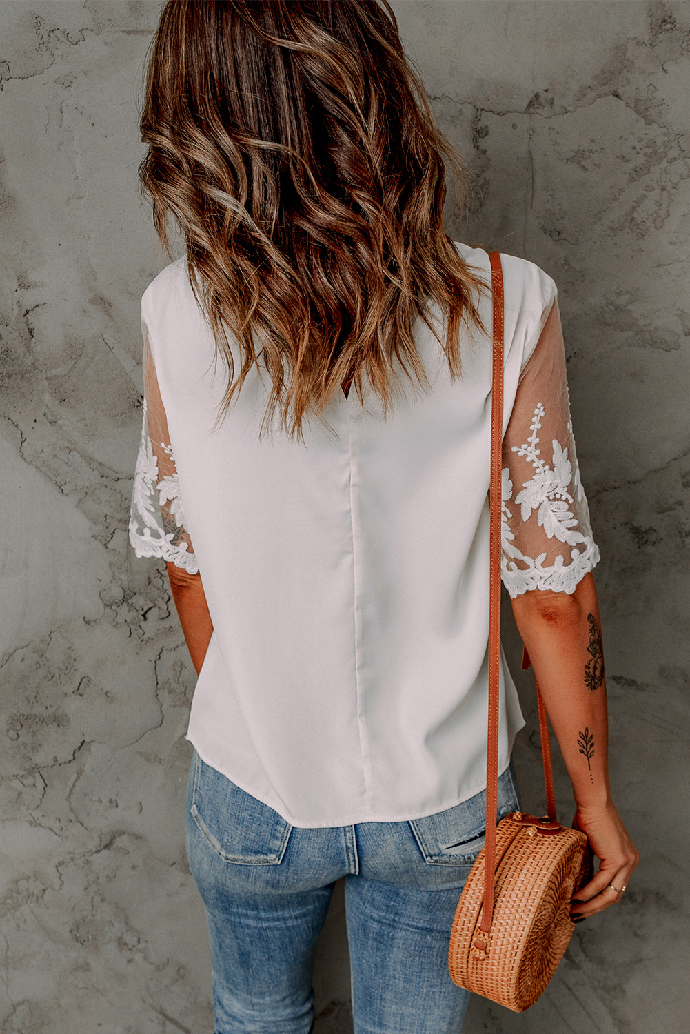 White Floral Lace Sleeve Patchwork Top - Image 2