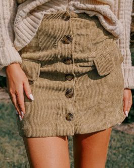 Camel Corduroy Buttoned Front Faux Pockets Mini Skirt
