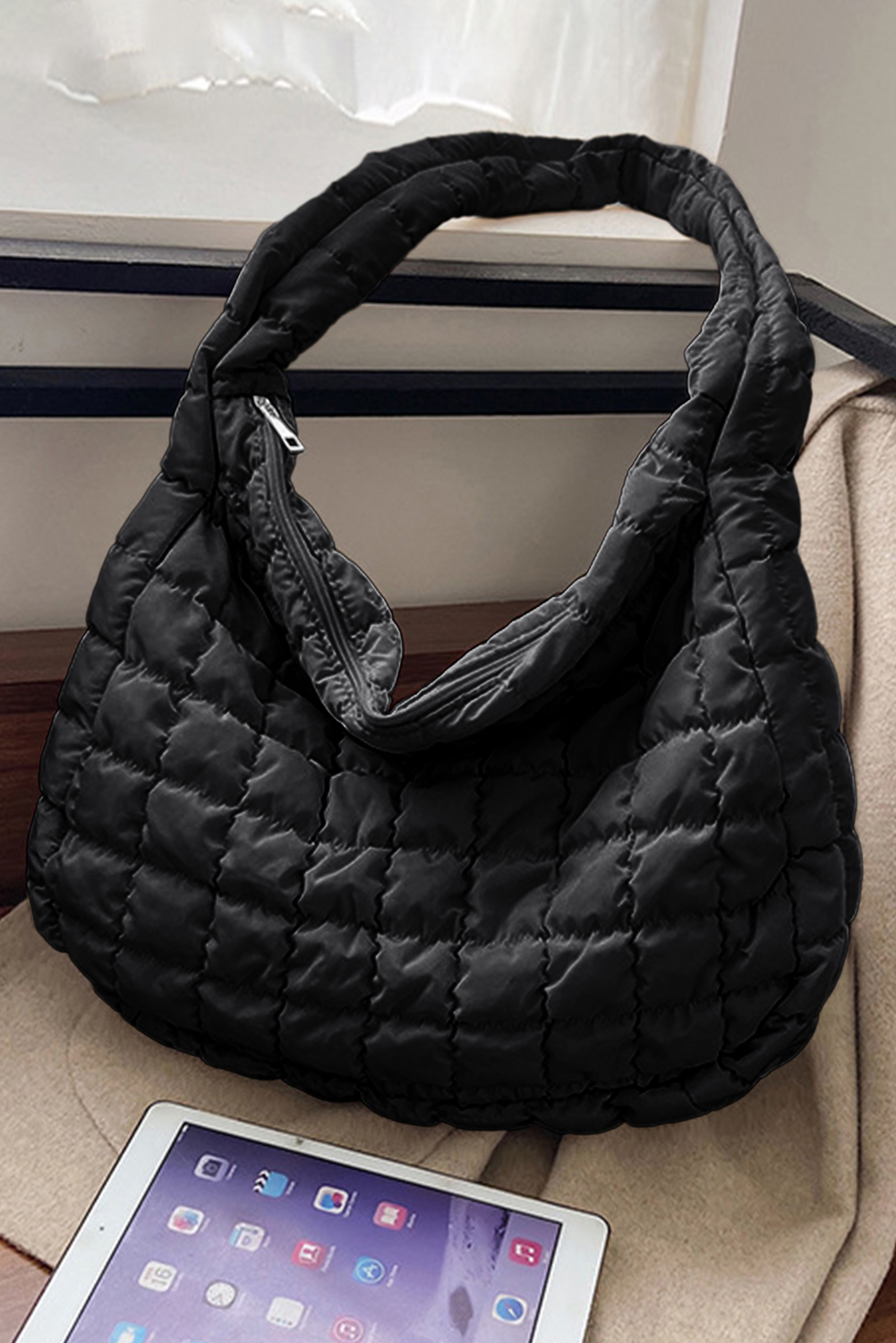 Black Quilted Zipper Large Shoulder Bag - Image 6