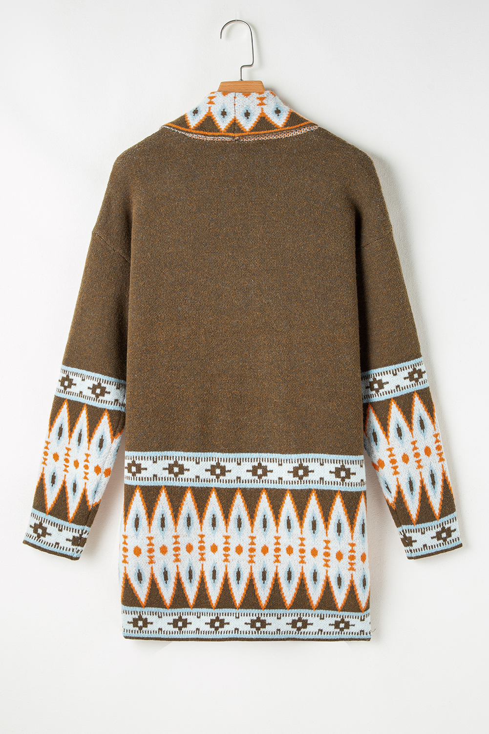 Brown Aztec Print Open Front Knitted Cardigan - Image 8