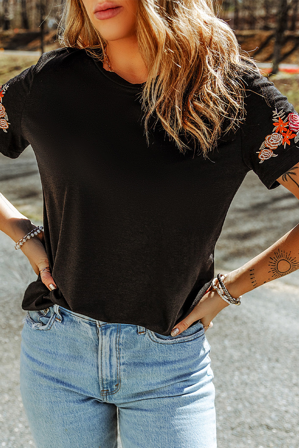 Black Floral Embroidered Round Neck Short Sleeve T Shirt - Image 5