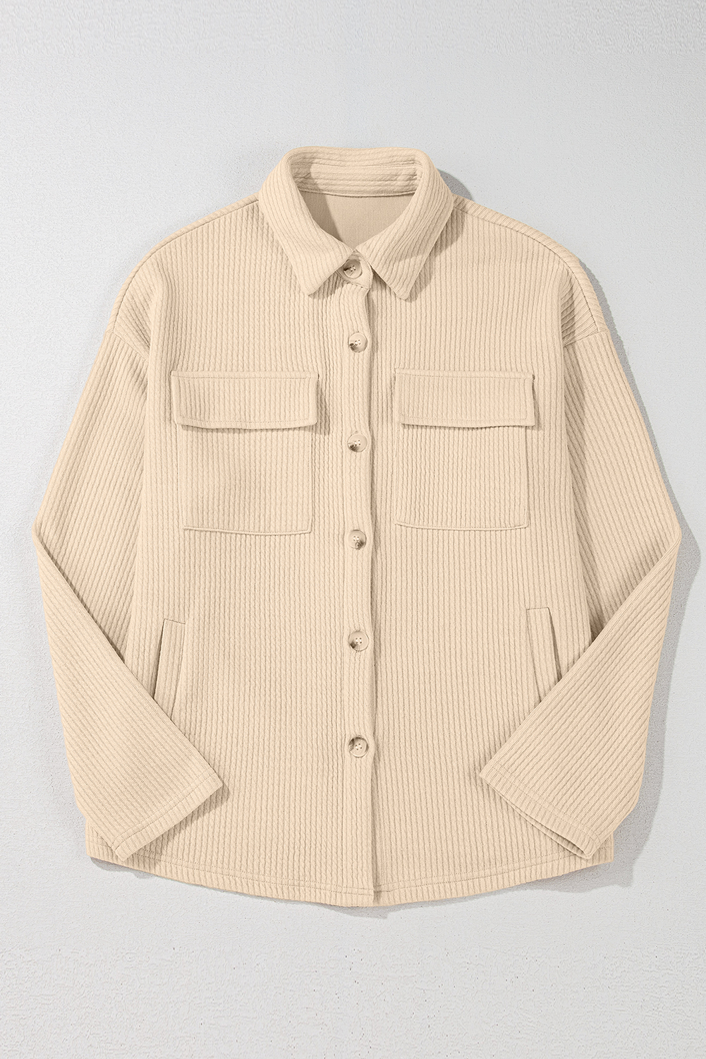 Apricot Solid Color Corduroy Buttoned Long Sleeve Shacket - Image 4