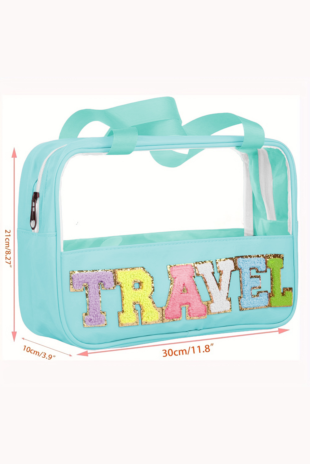 Mint Green TRAVEL Chenille Letter Clear PVC Makeup Bag - Image 7