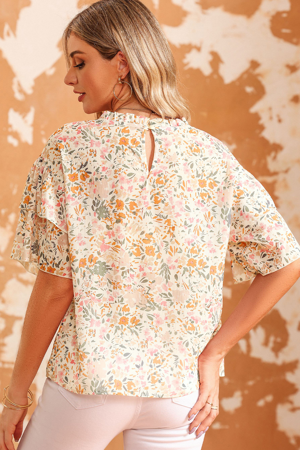 Multicolor Floral Print Wide Ruffle Sleeves Blouse - Image 5