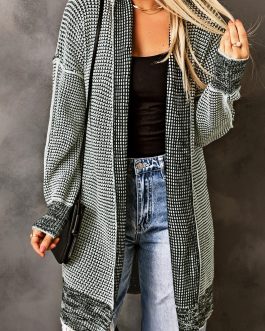 Gray Plaid Knitted Long Open Front Cardigan