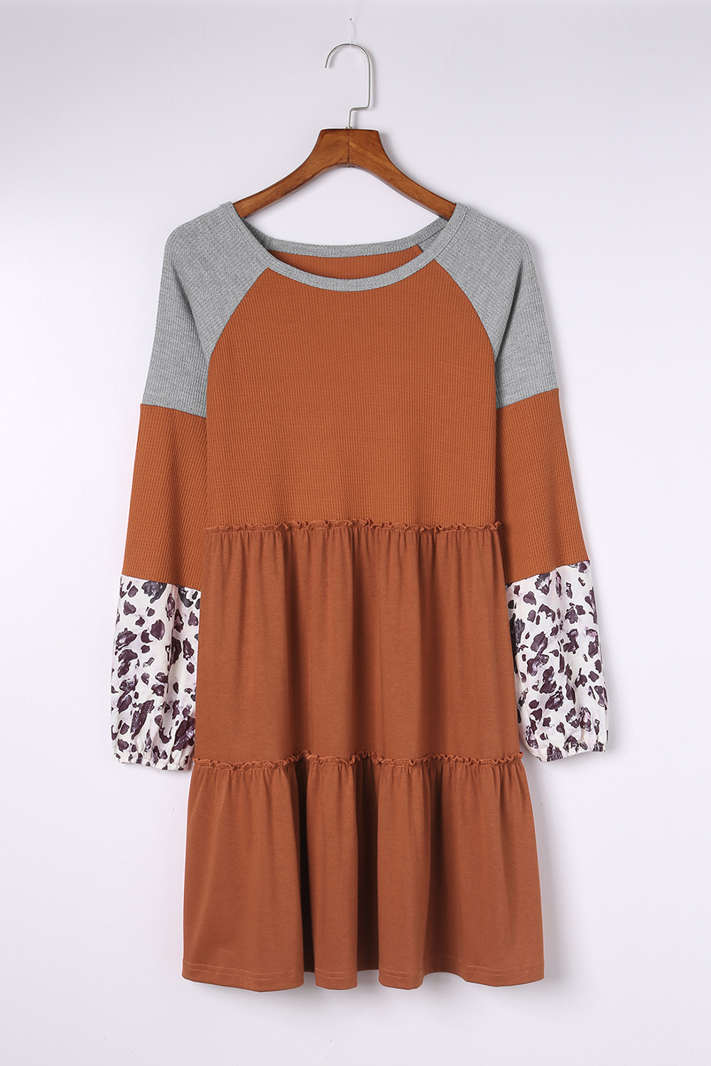 Brown Waffle Knit Leopard Patchwork Long Sleeve Dress - Image 3