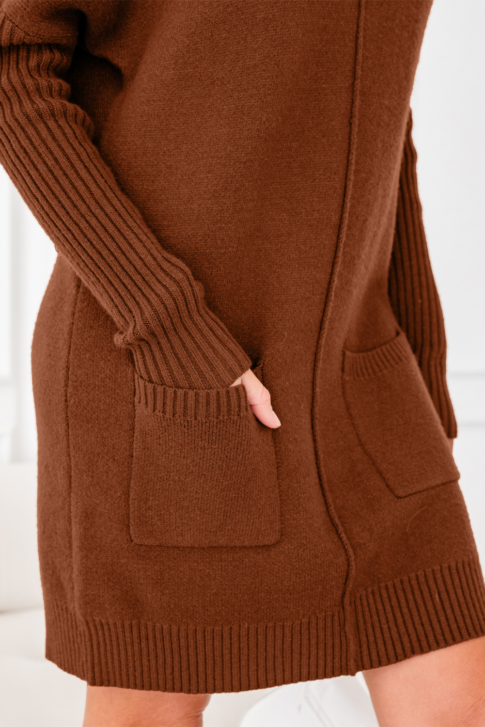 Chestnut Ribbed High Neck Front Pockets Center Seam Shift Sweater Dress - Image 8