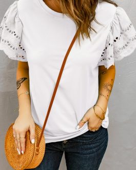 White Hollow Out Ruffle Sleeve T-shirt
