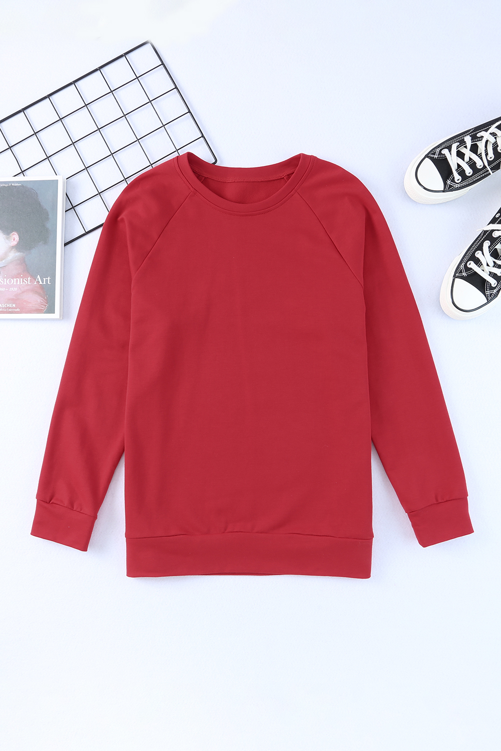 Fiery Red Solid Round Neck Raglan Sleeve Sweatshirt - Image 7