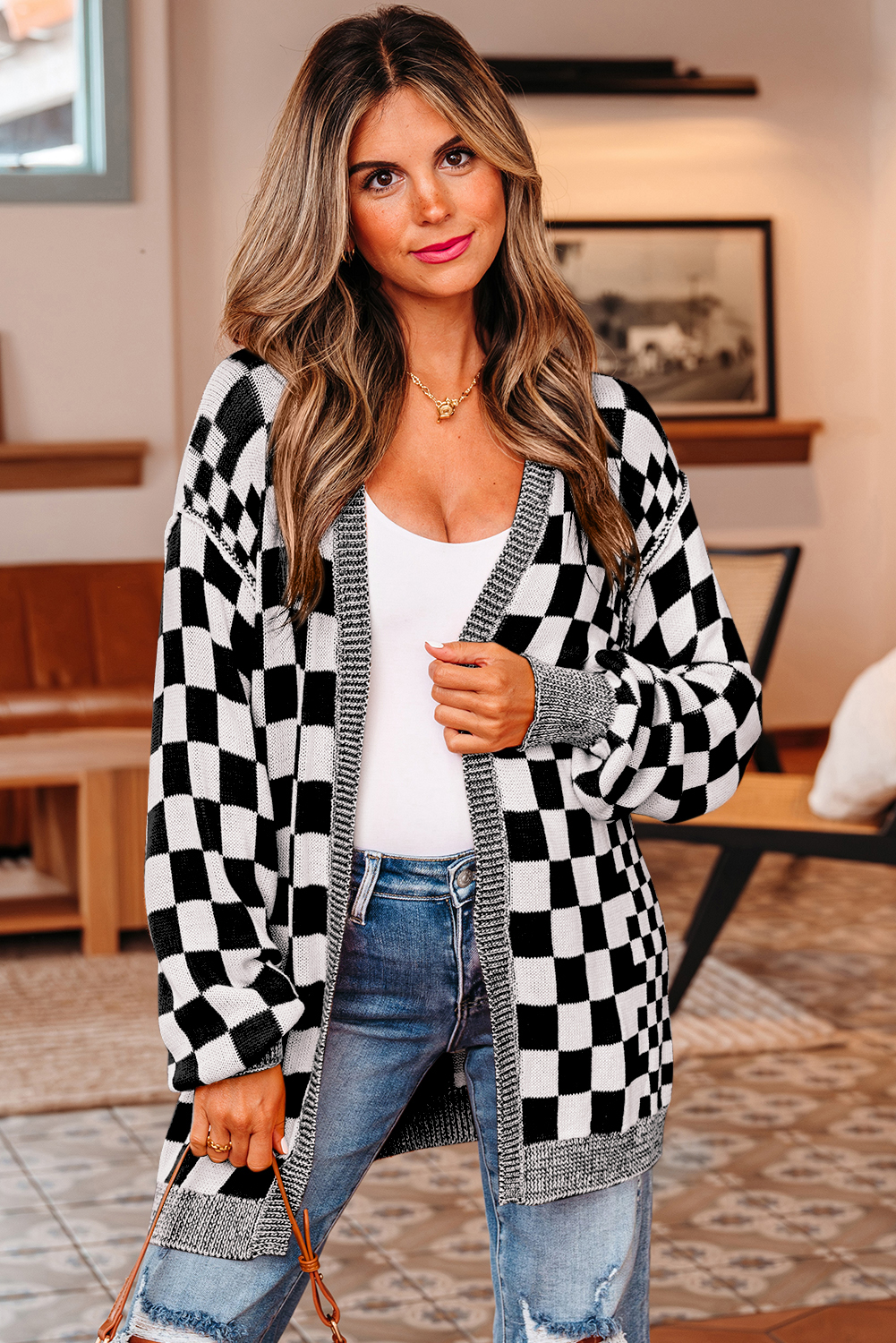 Black Checkered Open Front Drop Shoulder Cardigan - Image 6