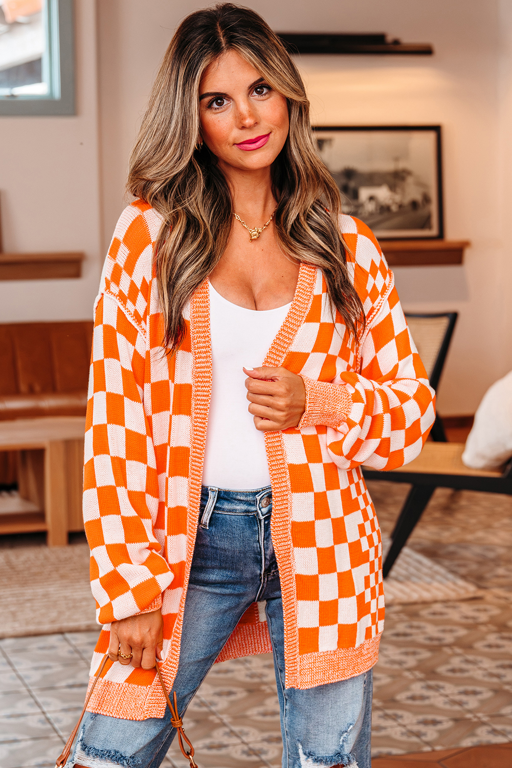 Orange Checkered Open Front Drop Shoulder Cardigan - Image 4
