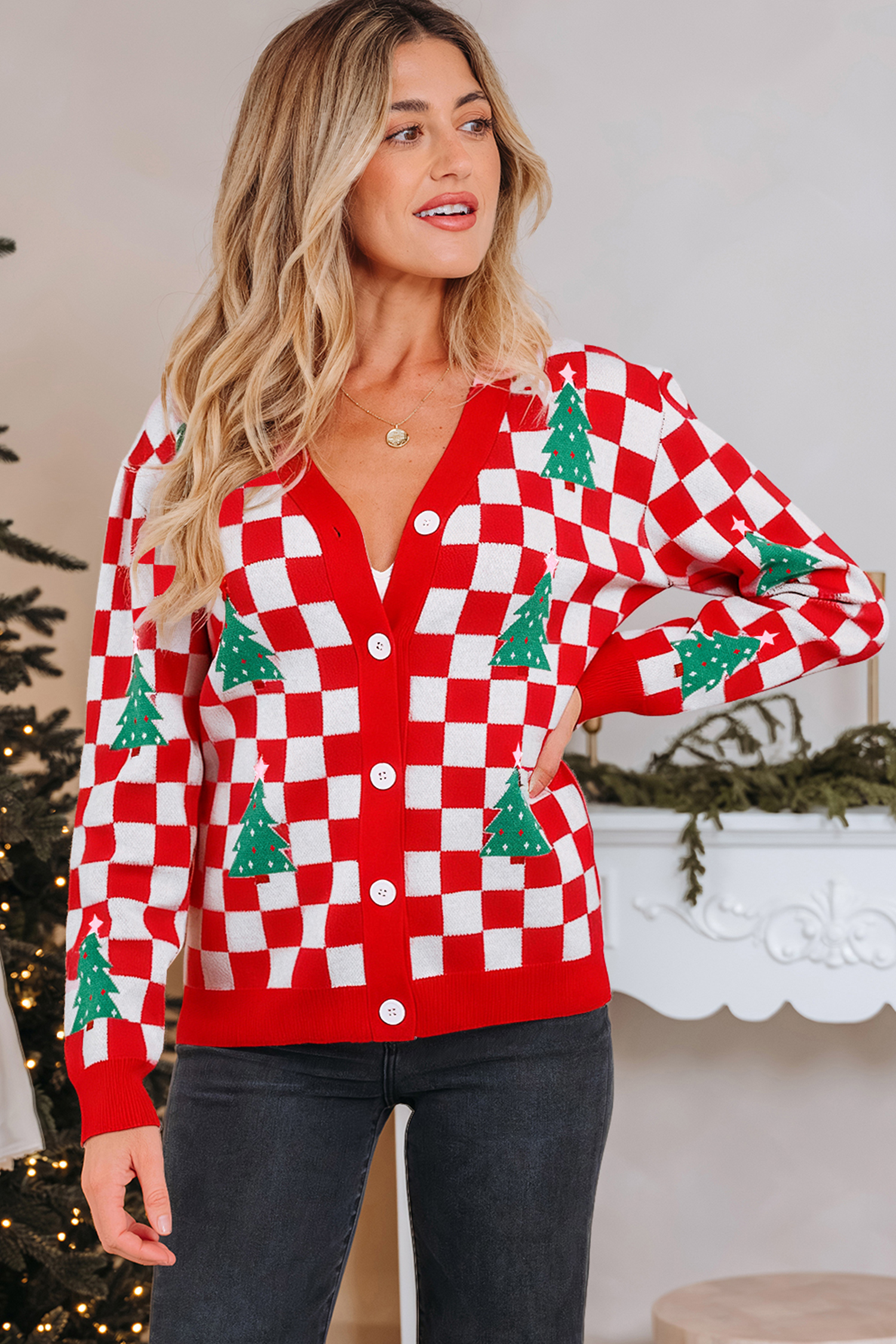 Red Checkered Christmas Tree Pattern Button V Neck Cardigan Sweater - Image 12