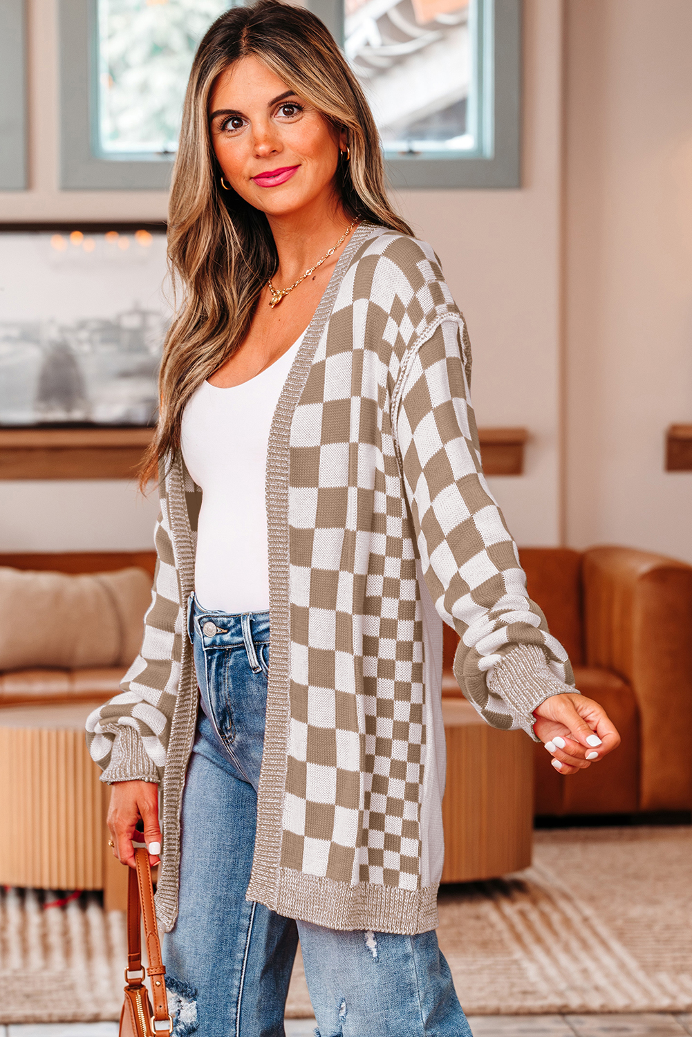 Brown Checkered Open Front Drop Shoulder Cardigan - Image 3
