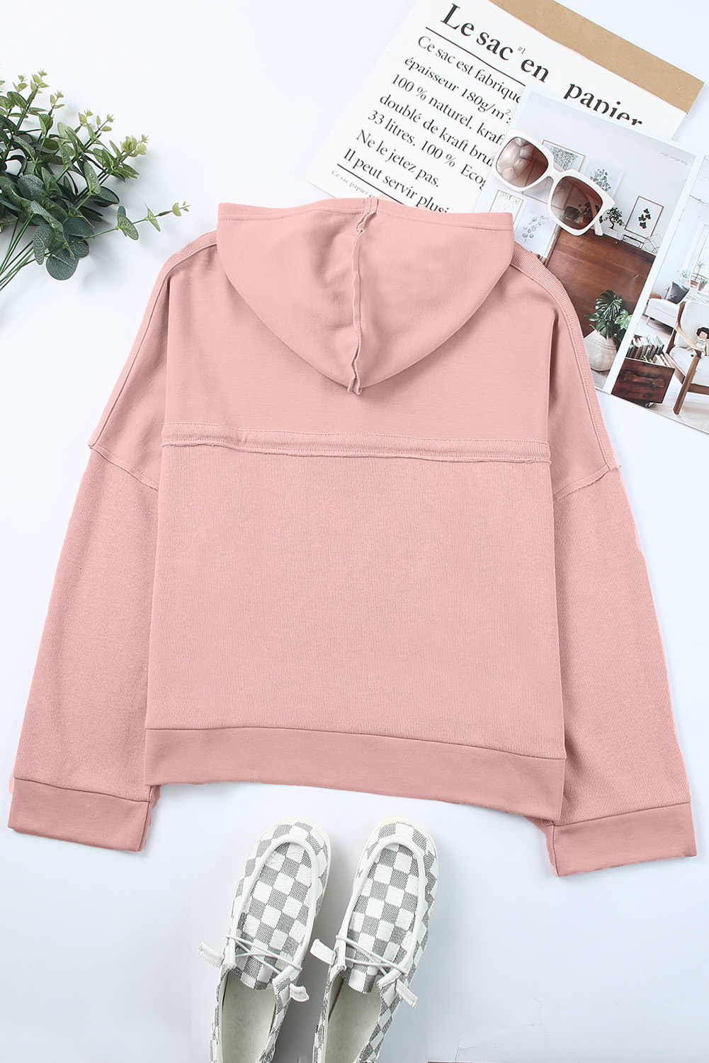 Pink Casual Button Solid Patchwork Trim Hoodie - Image 7