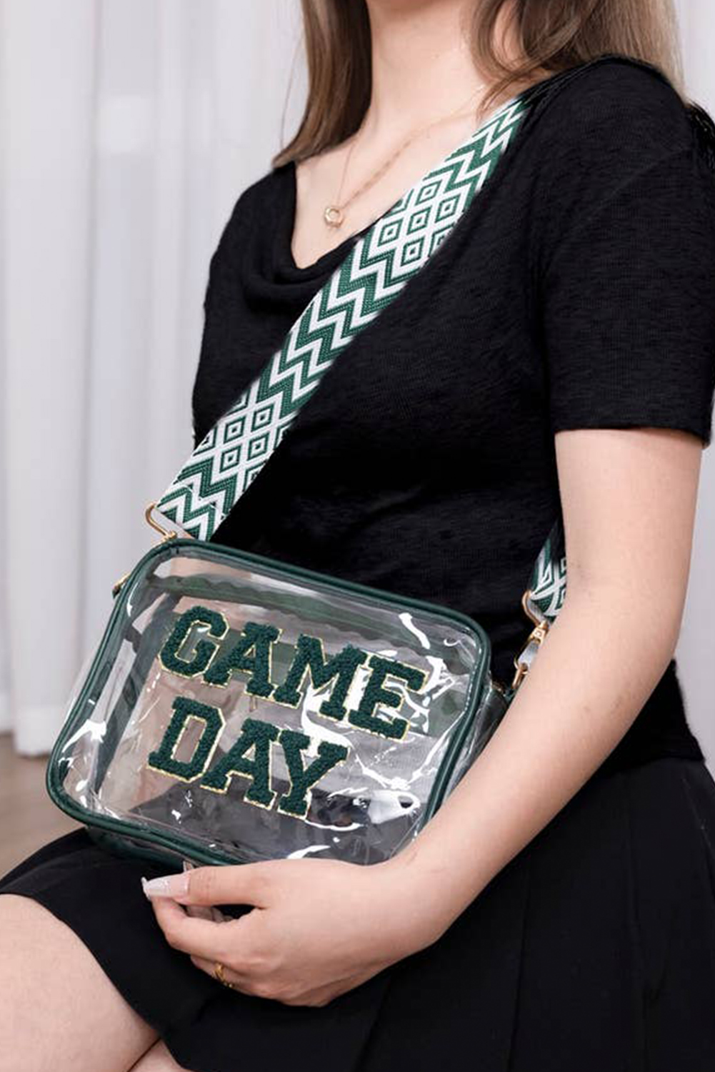 Blackish Green GAME DAY Chenille Embroidered Clear PVC Shoulder Bag - Image 8