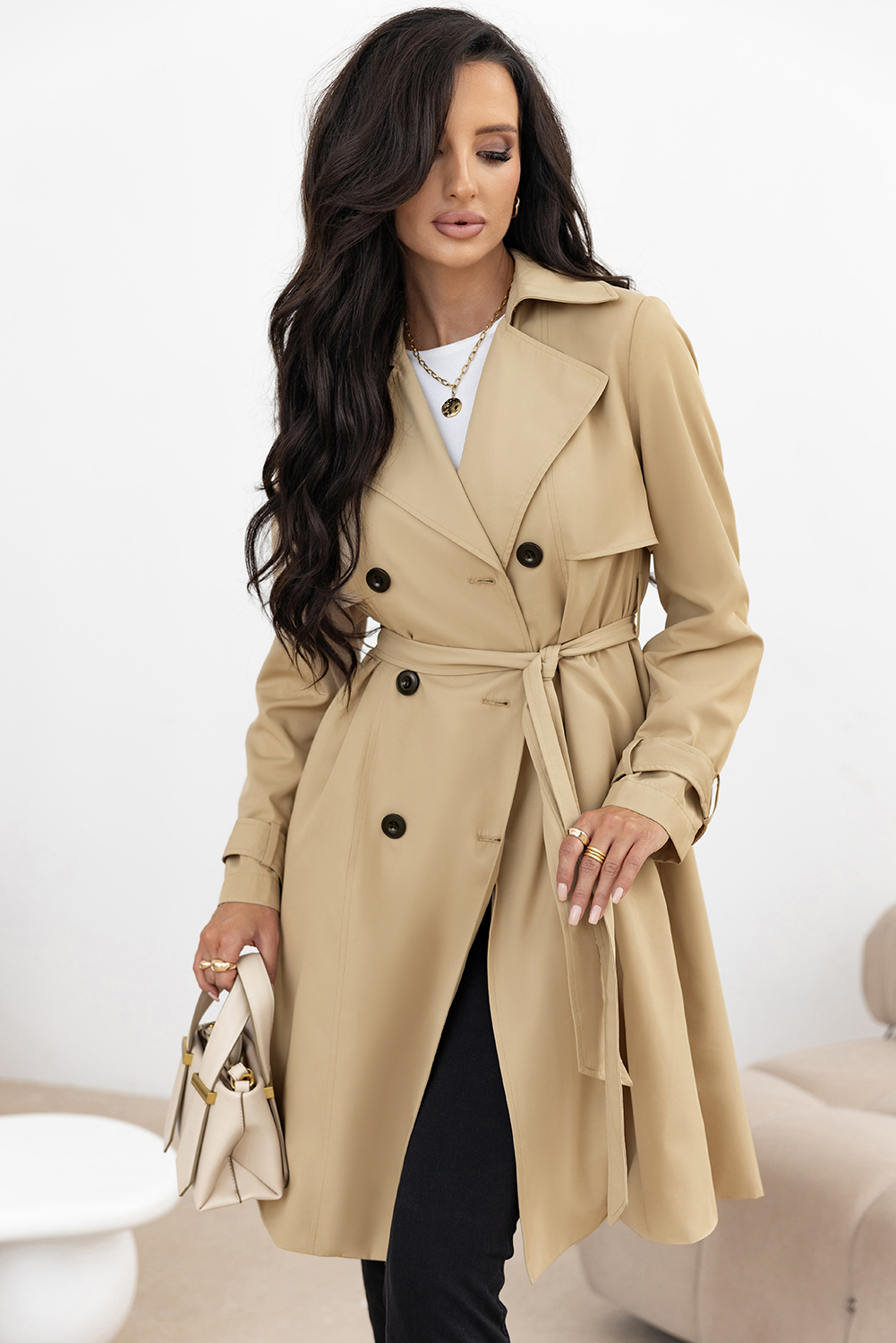 Pale Khaki Solid Color Lapel Collar Waist Tie Wind Coat - Image 5
