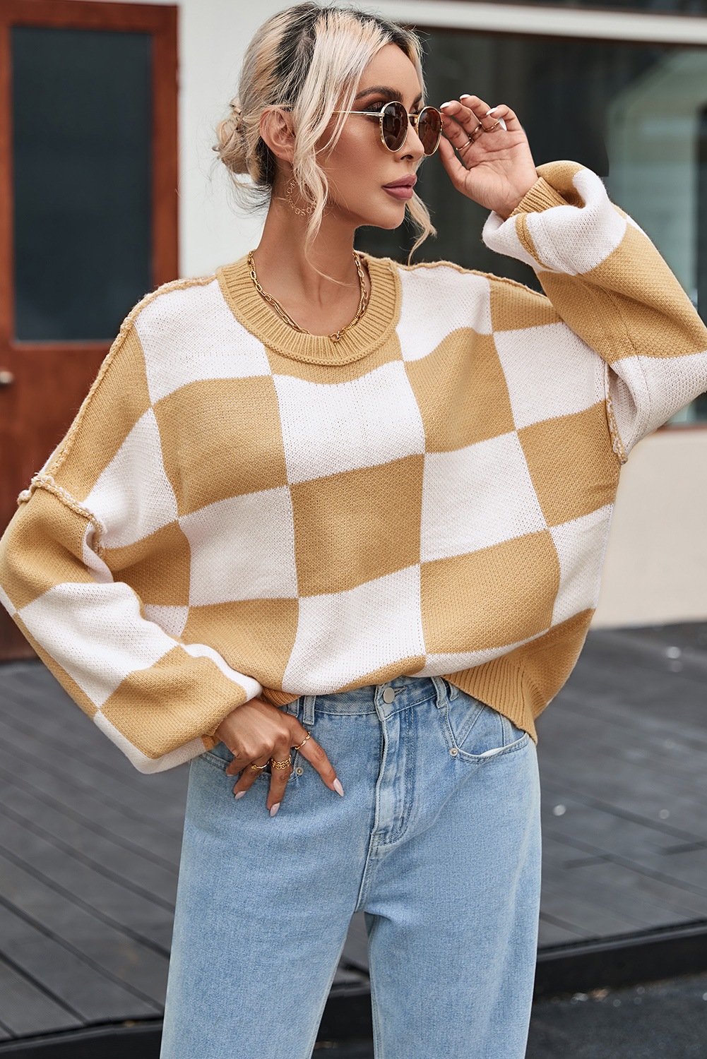 Khaki Checkered Bishop Sleeve Sweater - Image 7