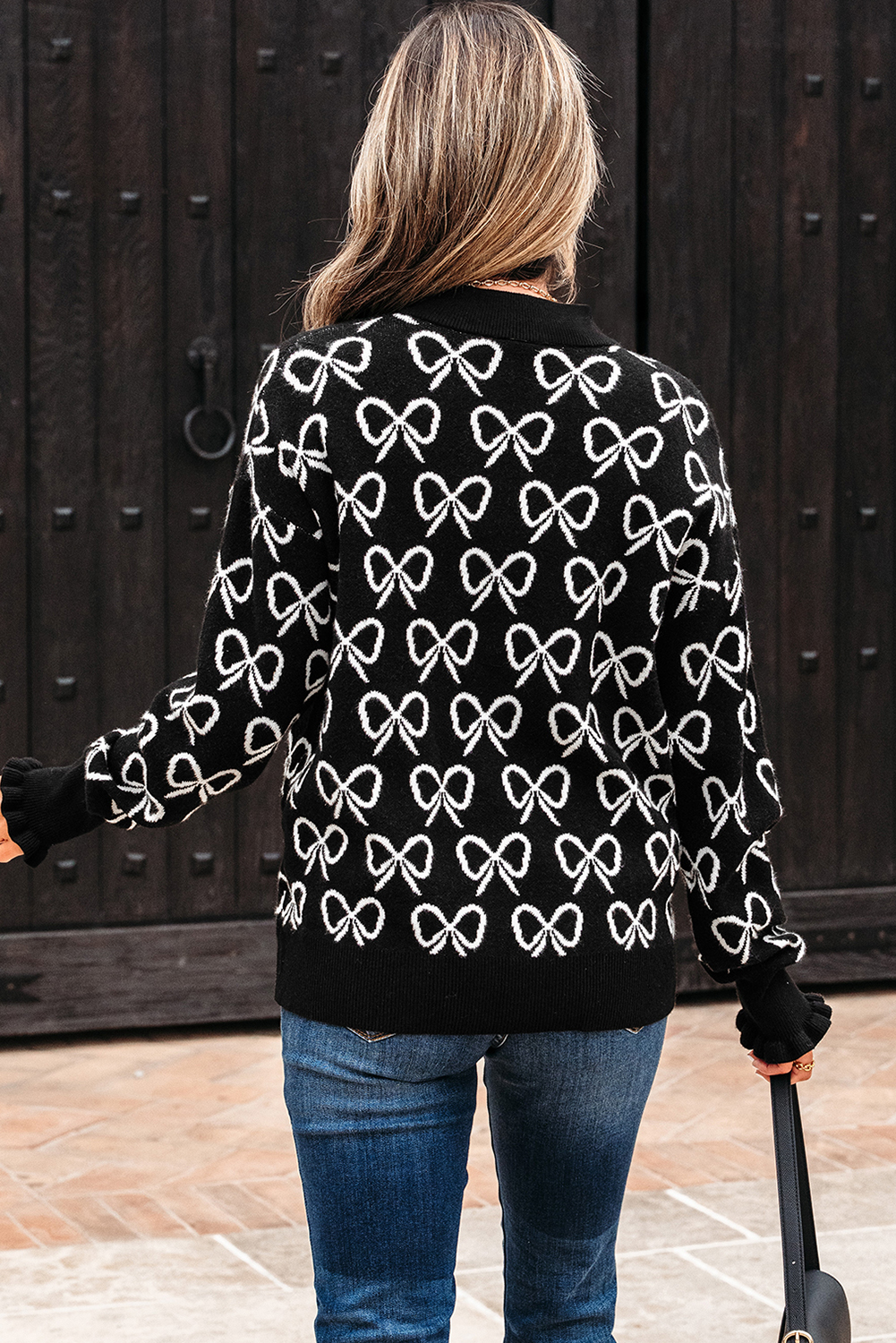 Black Cute Bow Pattern Drop Shoulder Zipped Collar Sweater - Image 2
