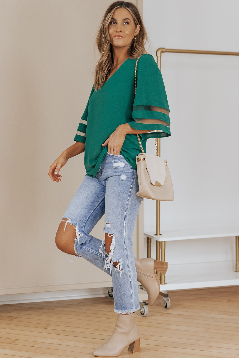 Green Flare Sleeve V Neck Loose Blouse - Image 5