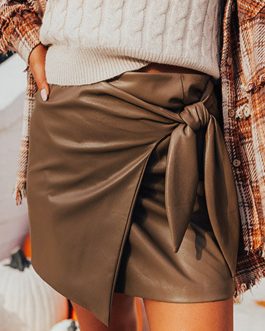 Coffee Bowknot Faux Leather Mini Skirt