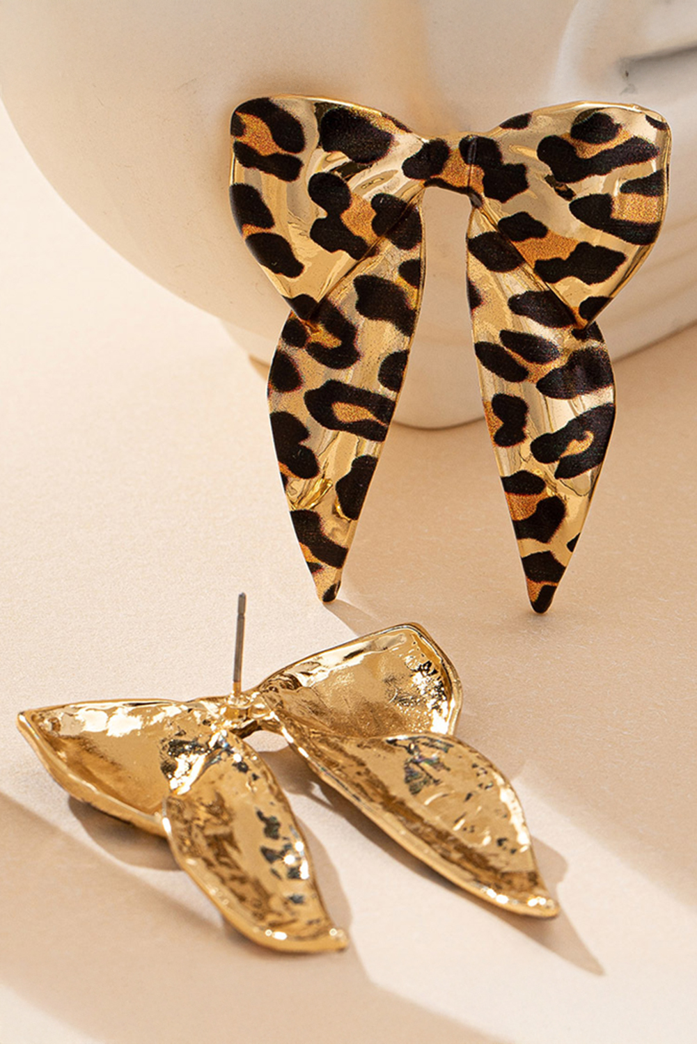 Gold Leopard Print Bow Knot Shape Plated Alloy Earrings - Image 3