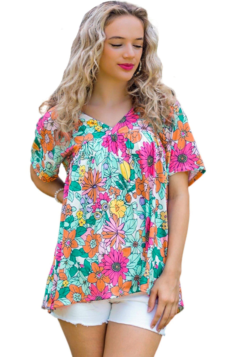 Multicolor Floral Print Short Sleeve Babydoll Blouse - Image 4