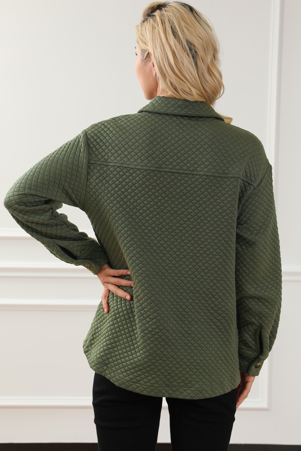 Green Retro Quilted Flap Pocket Button Shacket - Image 7