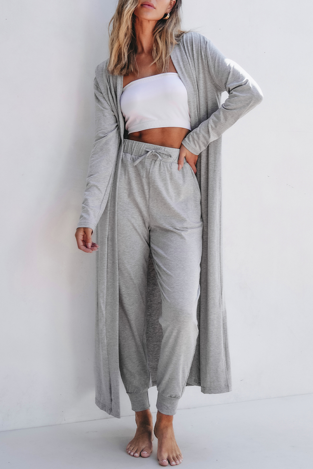 Light Grey Split Long Cardigan and Skinny Pants Lounge Set - Image 6