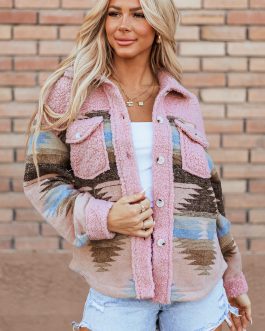 Pink Western Aztec Print Sherpa Splicing Buttoned Flap Pocket Coat