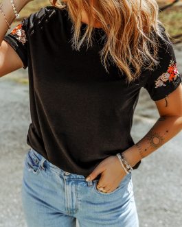 Black Floral Embroidered Round Neck Short Sleeve T Shirt
