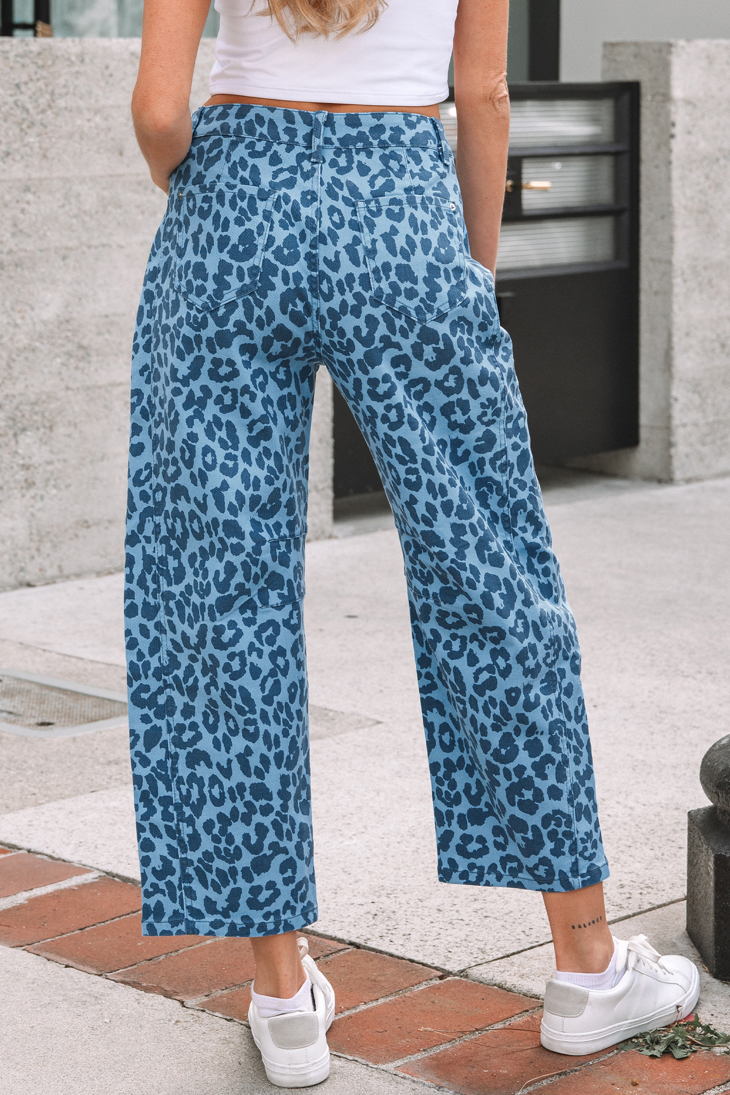 Sky Blue Leopard Print Straight Loose Jeans - Image 8
