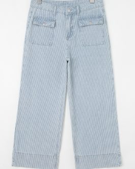 Sky Blue Stripe Button Flap Pocket Cuffed Hem Wide Leg Jeans