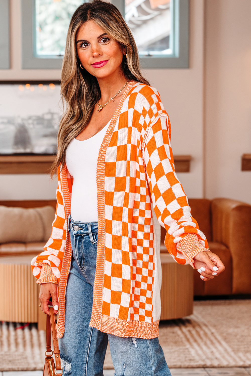 Orange Checkered Open Front Drop Shoulder Cardigan - Image 3