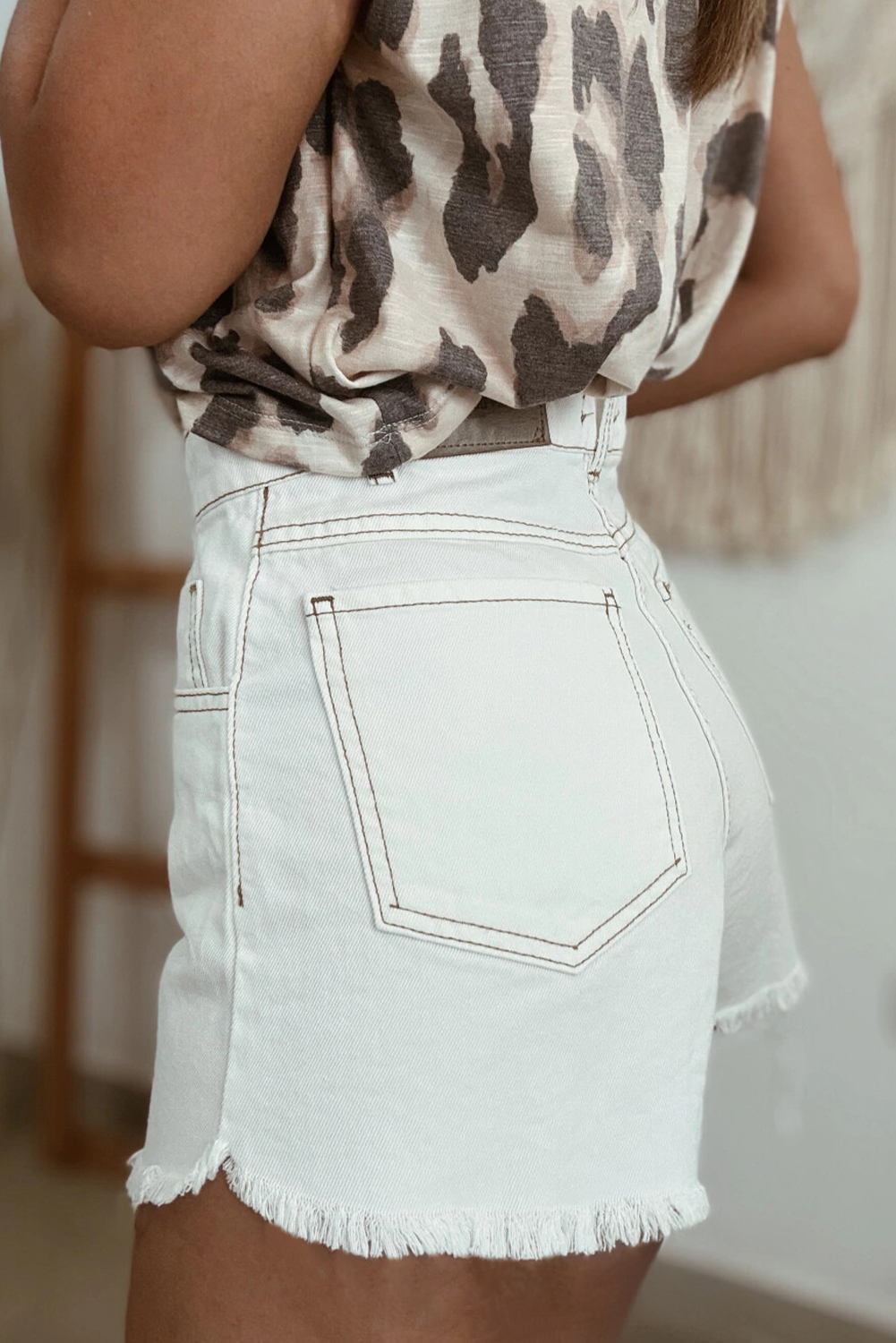 White Raw Hem High Waist Denim Shorts - Image 2