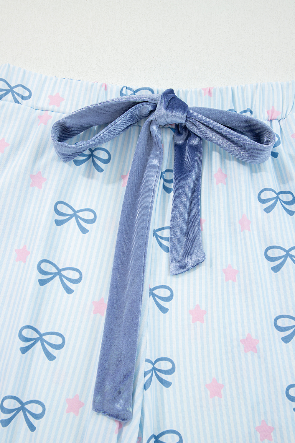 Sky Blue Stripe Bow Star Print Tied Detail 2pcs Lounge Set - Image 5