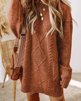 Coffee Cable Knit Drop Shoulder Loose Fit Sweater Dress