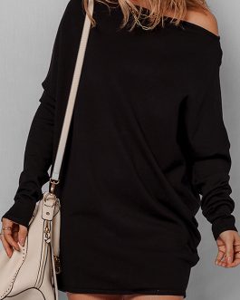 Black Asymmetric Neck Batwing Sleeve Shift Mini Sweater Dress