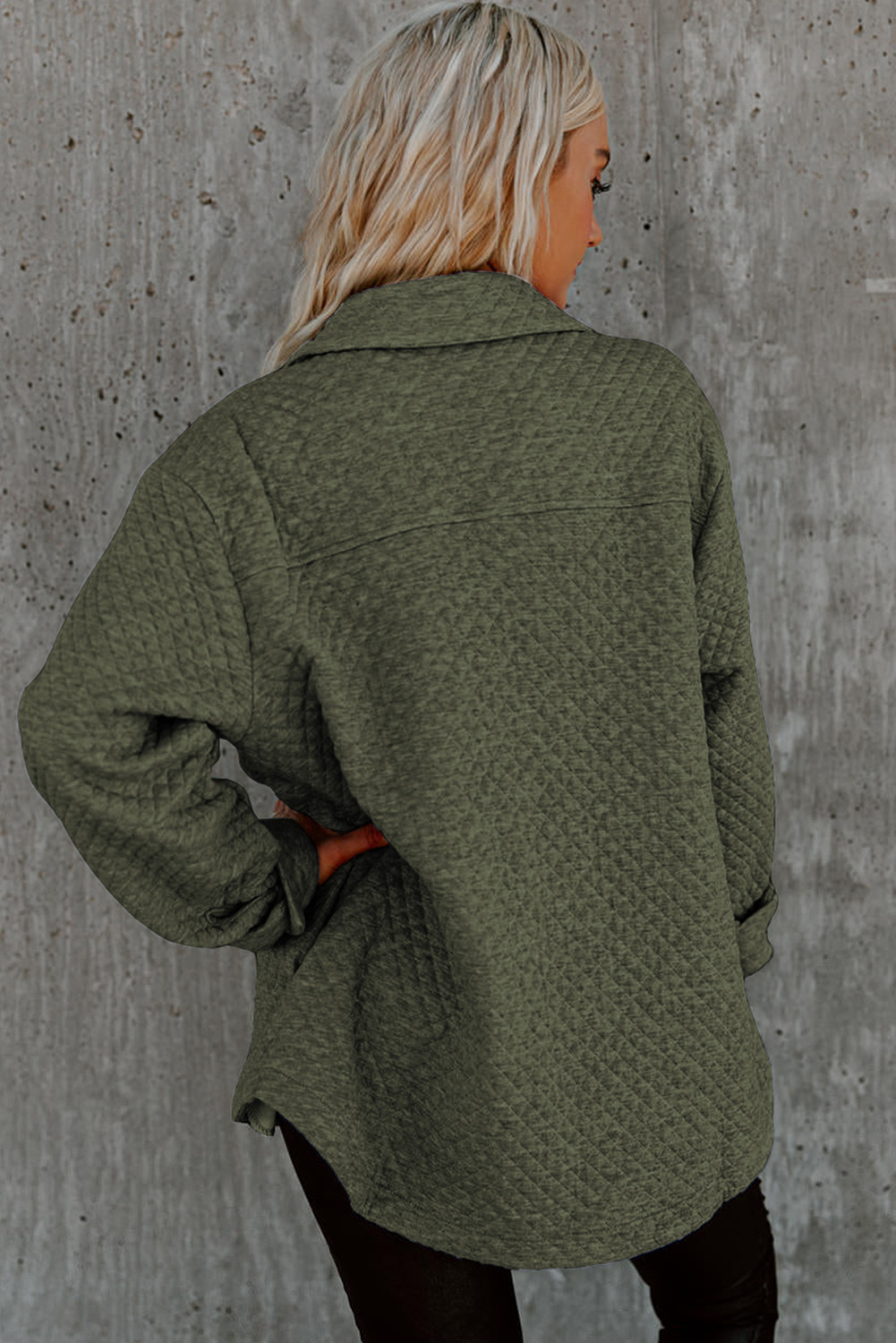 Green Retro Quilted Flap Pocket Button Shacket - Image 2