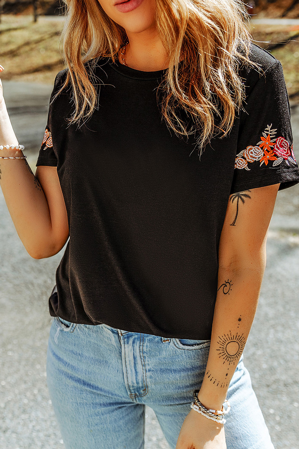 Black Floral Embroidered Round Neck Short Sleeve T Shirt - Image 4
