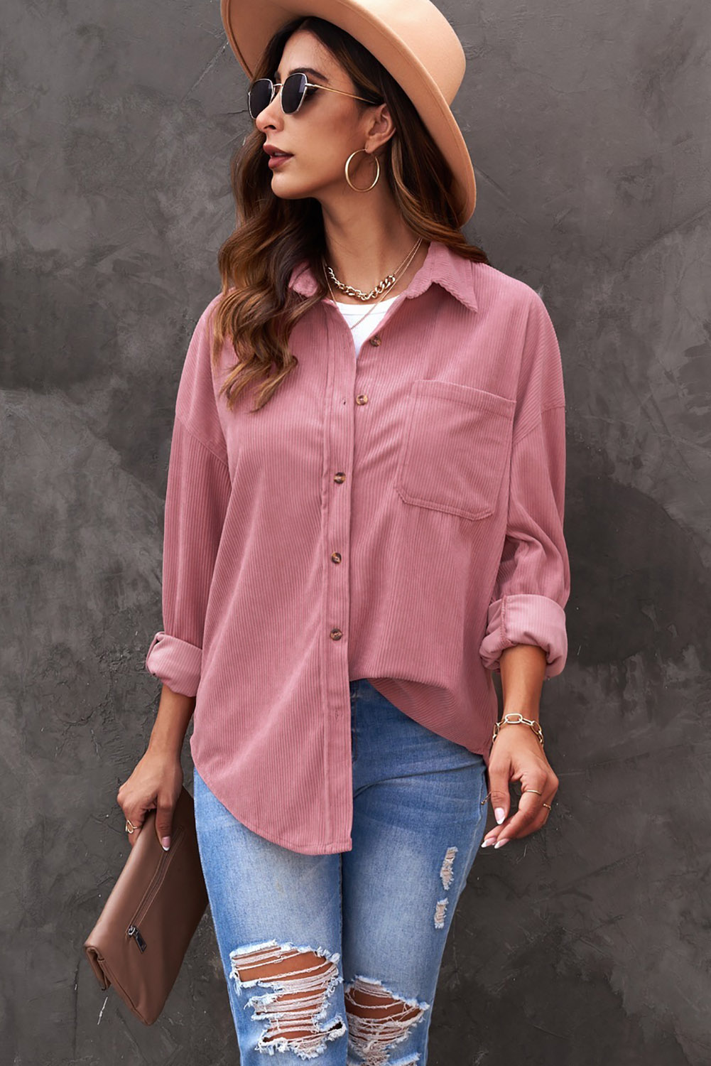 Pink Corduroy Button Pocket Shirt - Image 4