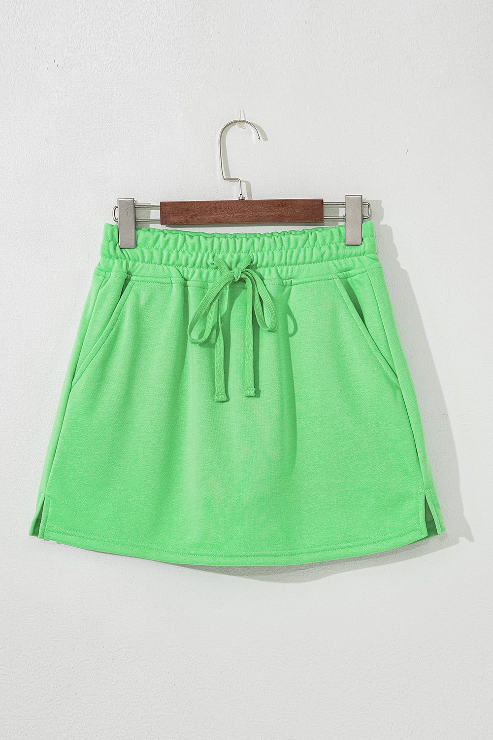 Light Green French Terry Drawstring Elastic Waistband Mini Skort with Pockets - Image 6